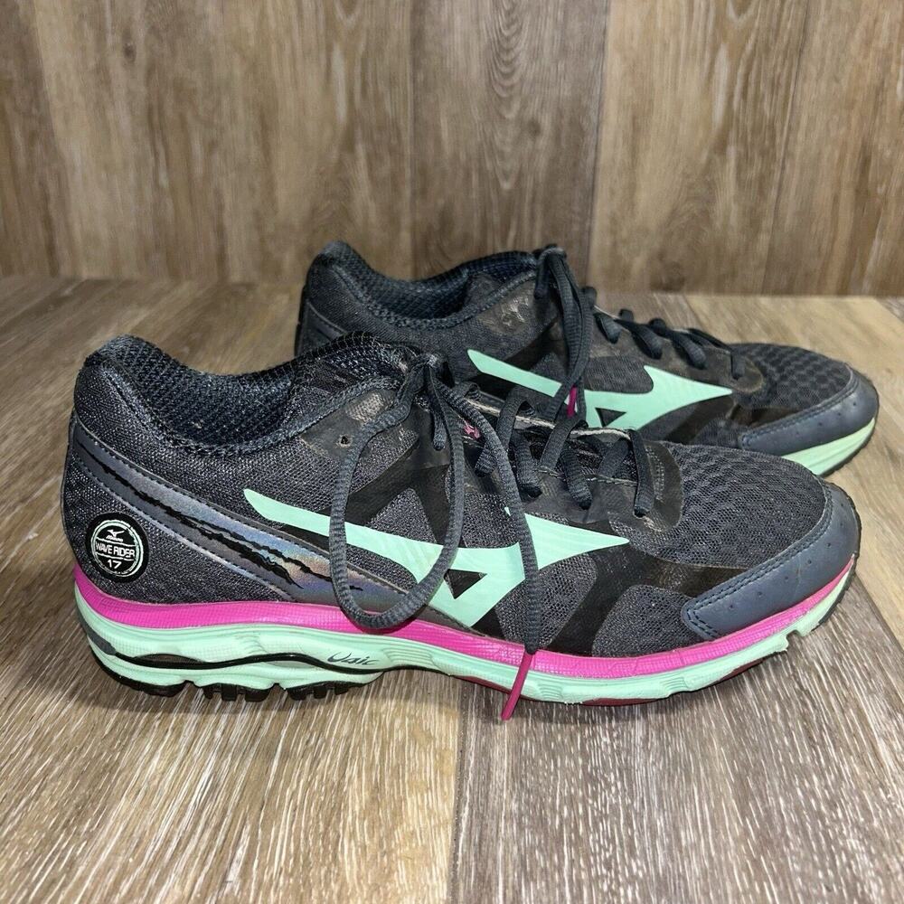 Mizuno Wave Rider 17 Blue Gray Mesh Running Sneaker Shoes Womens US Size 9 Wide